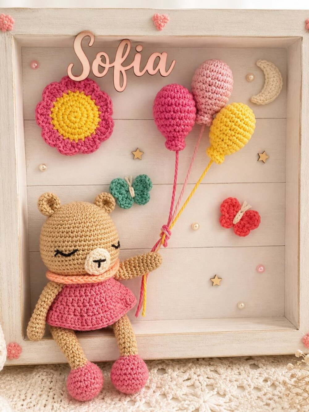 Personalized Baby Shadow Box – Handmade Crochet Bear Nursery Decor